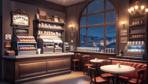 a victorian cozy night time at a coffe interior with cozy lighting and sweets in the shelves. There are coffee cups in the table...