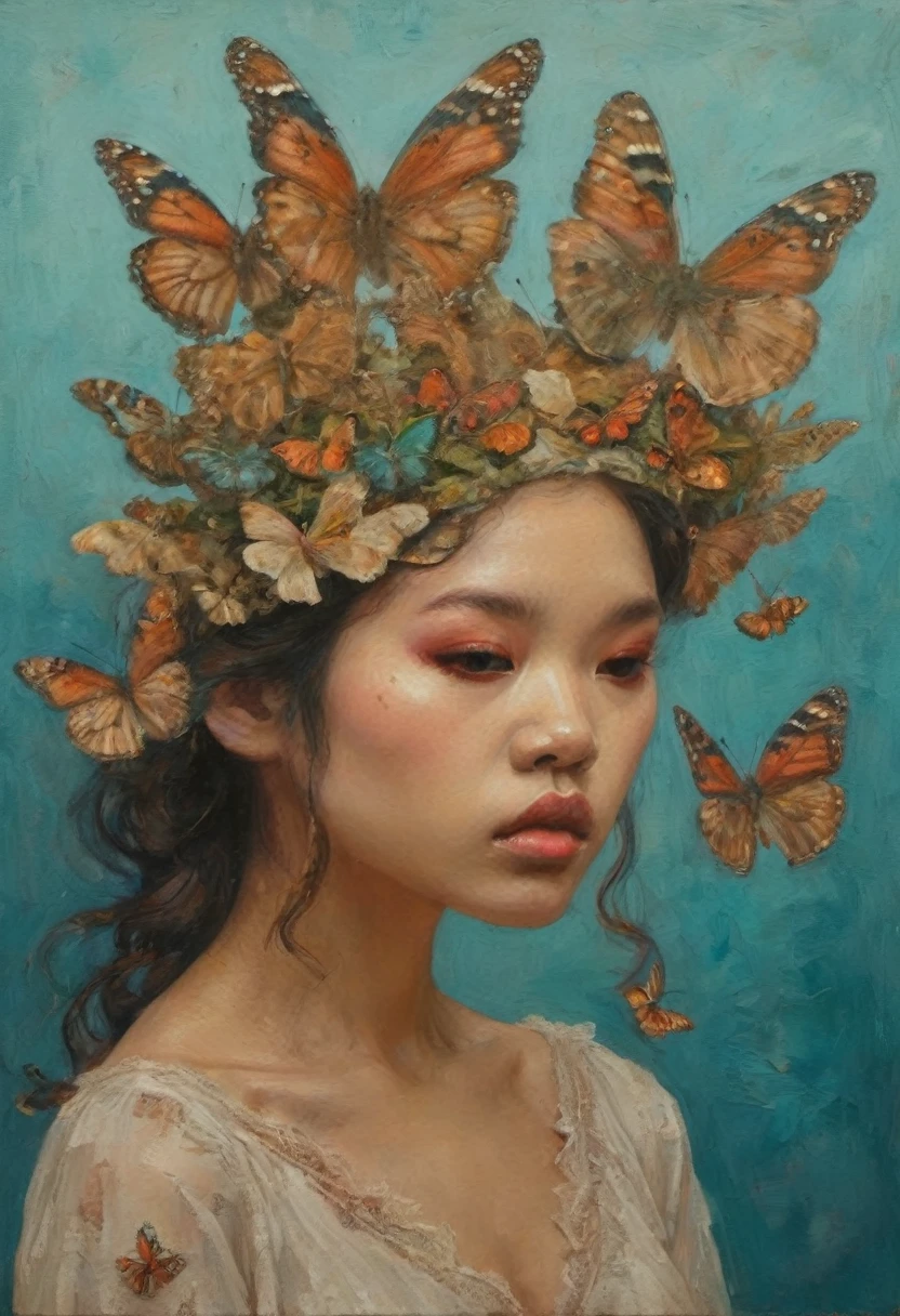 Oil painting of a woman with a butterfly mask on her head, Jonathan Young Pintura, Adriano Borda, Moths crawling on my face, Mixed media in clay form, Intricate oil painting artwork, Shin Jin Hye, Mixed Media, directed by: Ishaq Holtz, Half Woman Half Butterfly, Made from dried flowers, Highly conceptualized figurative art, Portrait of a fairy