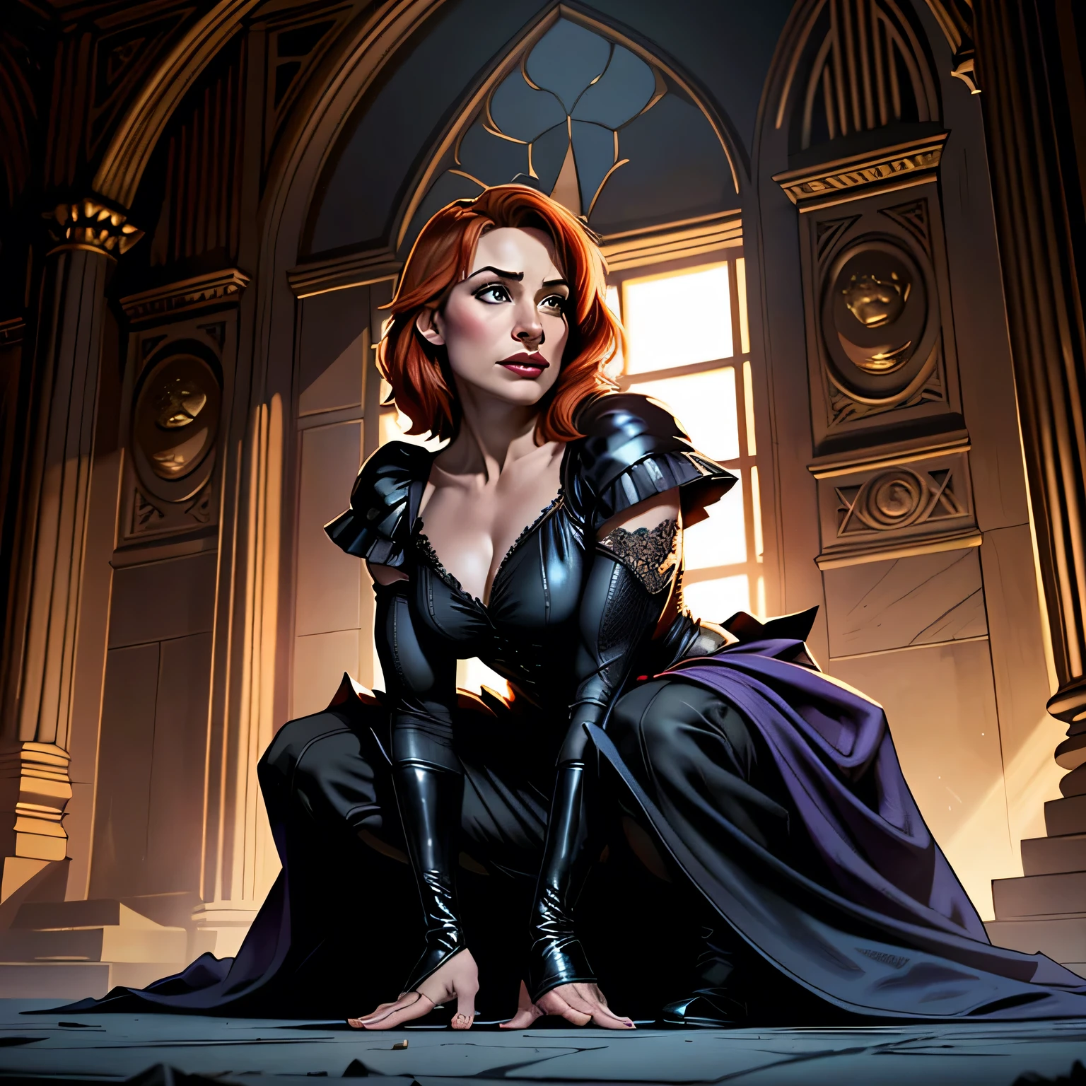 ((Highest quality)), ((masterpiece)), ((Familiar)), ((Accurate)), ((Realistic)), (Realistic), (Best Shadow), Cinematic, (Complex:1.4), High Contrast, Side lighting, 8K, ((Bryce Dallas Howard)), ((Accurate手と指)), ((The Evil Queen crouching over a man&#39;Face)), 43-year-old Caucasian female、(Voluptuous body)、Large Breasts、Tight waist、Big Ass、glamorous、Beautifully long black nails、black glitter lipstick、sneer、Black and purple robe、Browsing Caution, ((Woman standing on top)), One boy, Audience Room、Angle from directly below the front