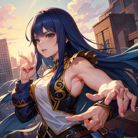 ( high quality , very detailed, accurate hands ),one woman,female swordsman, blue hair, long hair, a revealing adventurer&#39;s ...