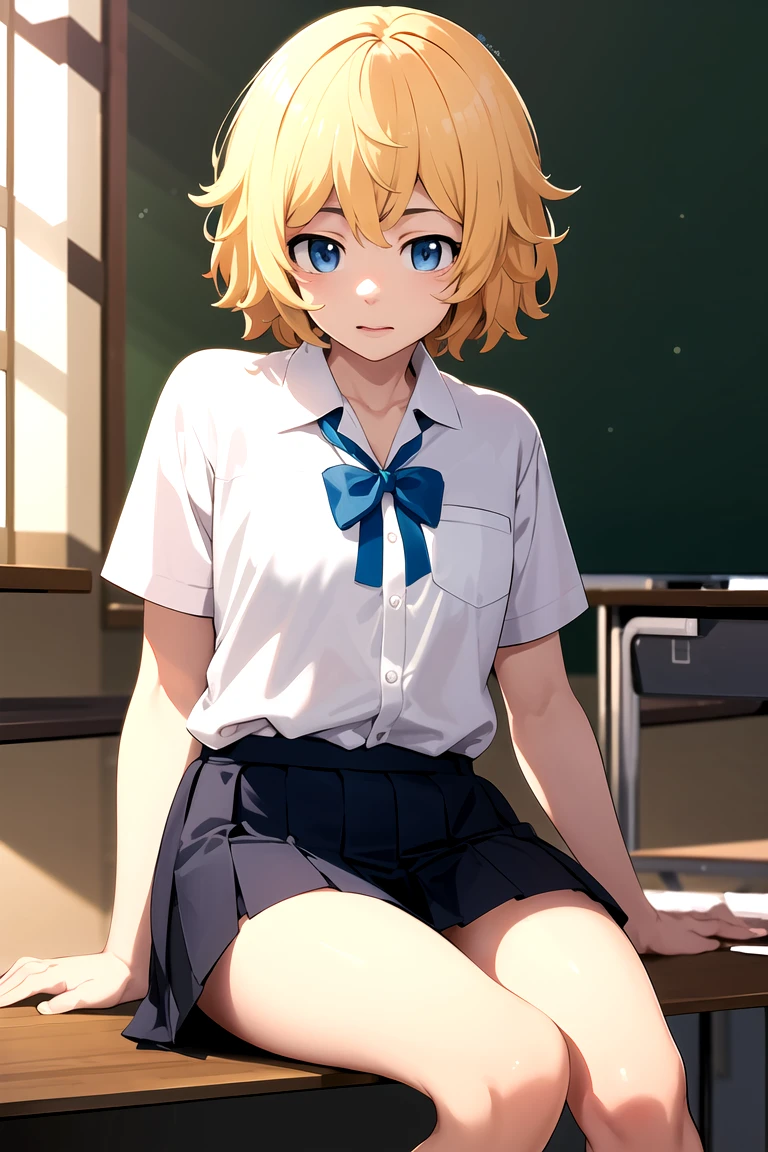 Photorealistic, (4k), depth of field, (masterpiece), Takemichi, feminine, tokyo revengers , short hair, blond hair, Blue eyes, perfect, best quality, Whole body , , Takemichi in school uniform, , takemichi sitting en el escritorio, sitting, room background, takemichi with  , mini skirt, 