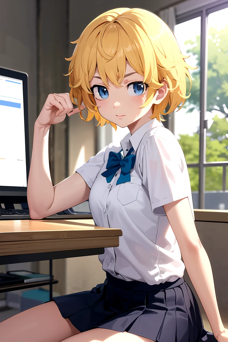 Photorealistic, (4k), depth of field, (masterpiece), Takemichi, feminine, tokyo revengers , short hair, blond hair, Blue eyes, perfect, best quality, Whole body , , Takemichi in school uniform, , takemichi sitting en el escritorio, sitting, room background, takemichi with  , mini skirt, 