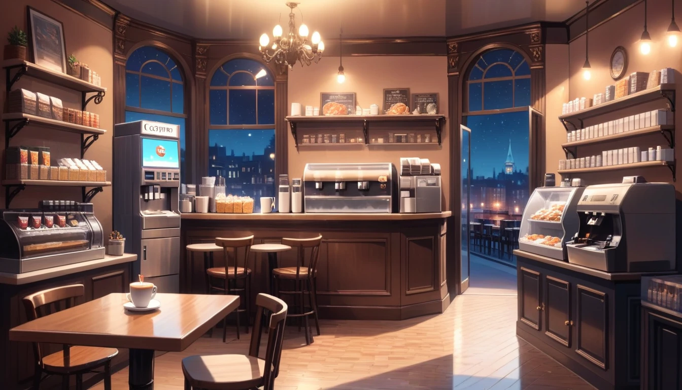 a victorian cozy night time at a coffe interior with cozy lighting and sweets in the shelves. There are coffee cups in the tables. a cash machine and a coffee maker machine in the counter,There is a big window in the middle of the coffeeshop and the outside view is the city at night