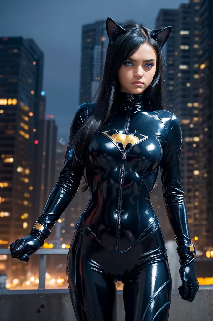 16 year old Jessica Lucas, ((Cat Woman)), ultra-detailed face, (((ultra detailed blue eyes))), black hair, (black latex suit, cat ears, mittens), night city, (((masterpiece)))
