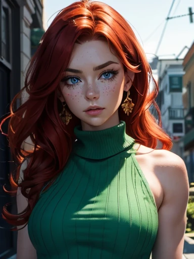 1 Irish woman, extremely beautiful and very legitimate redhead. Extremely slender, with freckles, big bright blue eyes, wearing green sweater falling down showing shoulders, symmetrical body, sensualizing, pouting with orgasmic expression, highly arousing, high quality 32k, UHD, hyper-realistic, cinematic, dynamic close-up above.