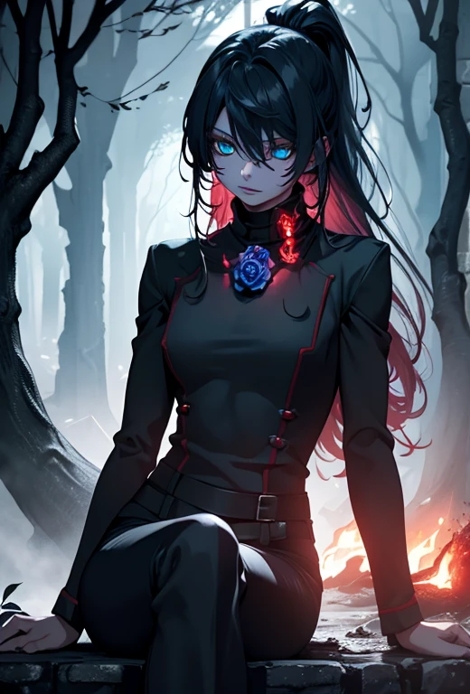 1 only, woman,Capture,, Muscular body,, Glowing blue eyes, Sitting with the tree,,Dark soul,,Cemetery,,Dark black pants, Dark black rose, scary , Fantasy forest,Red Moonlight, Scary cinematic shot,((Tafah, Best quality, )),