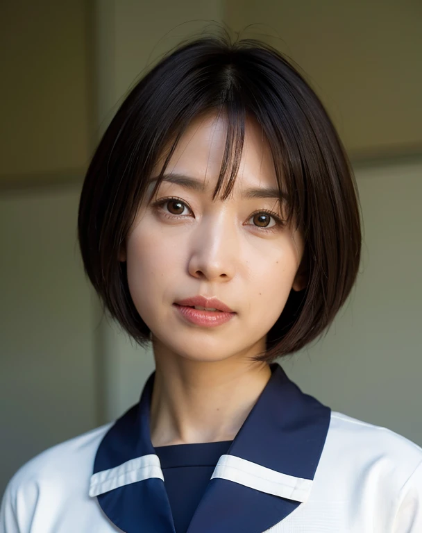 Highest品質, Face Focus, Soft Light, Ultra-high resolution, (Realistic:1.4), RAW Photos,1 Japanese girl, alone, cute, (A shy smile:0.5), (Iris, light in your eyes),  Beautiful face in every detail,,(High resolution detail of human skin texture),(Short Bob Hair),In the classroom,Japanese Sailor Suit, Highest, skirt