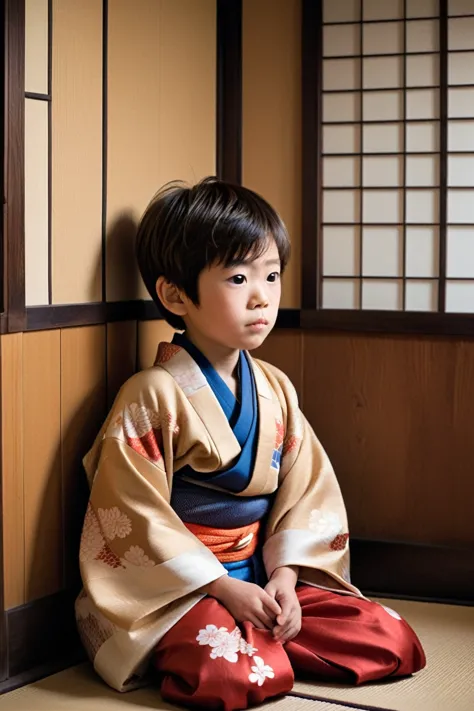 a young boy, around 5-6 years old, sits in the corner of a traditional japanese room, dressed in a kimono. he has a slightly old...