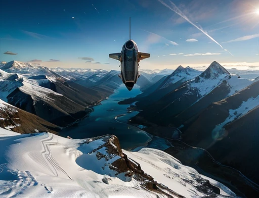  fotografia dinâmica. Nave espacial voando baixo sobre montanhas geladas 