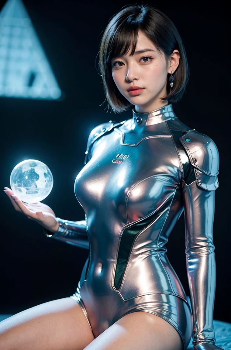 (RAW Photos, Highest quality), (Realistic, Photorealistic:1.3), 1 Girl, Bobcut、Earrings、smile、Realisticbody,Old space costume、Ancient、Boulder、Ancientの儀式、Pyramid-shaped UFO from outer space、Laser light、