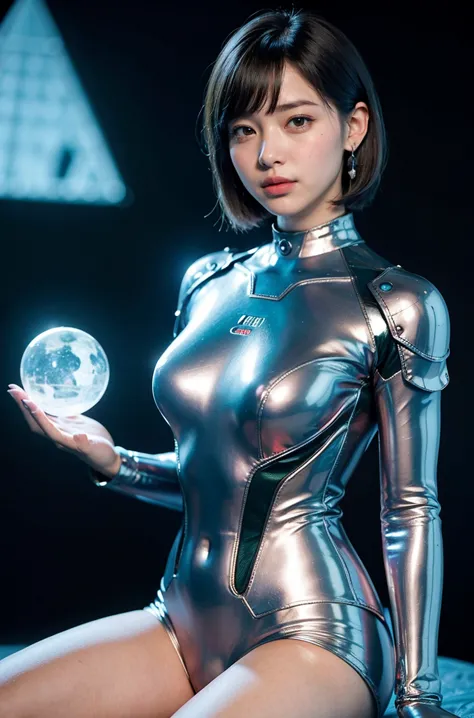 (RAW Photos, Highest quality), (Realistic, Photorealistic:1.3), 1 Girl, Bobcut、Earrings、smile、Realisticbody,Old space costume、An...