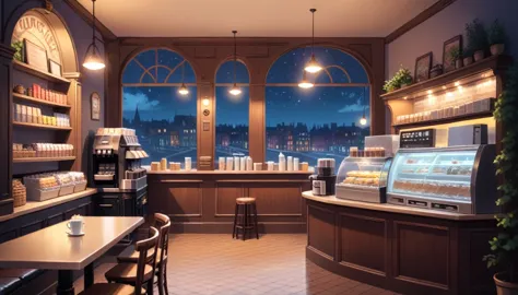 a victorian cozy night time at a coffe interior with cozy lighting and sweets in the shelves. There are coffee cups in the table...