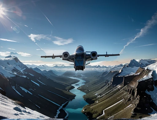  Photographie dynamique. Vaisseau spatial volant à basse altitude au-dessus des montagnes glacées 