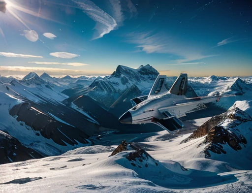  ダイナミックな写真. 氷山の上を低空飛行する宇宙船 
