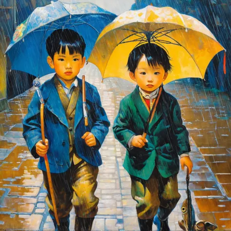 painting of two children with umbrellas and a dog in the rain, by Candido Portinari, by Watanabe Kazan, by Armin Baumgarten, by ...
