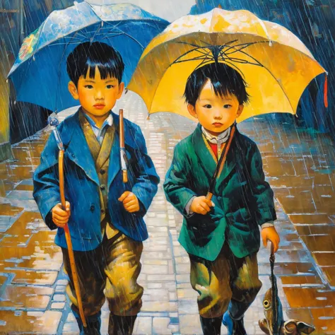 painting of two children with umbrellas and a dog in the rain, by candido portinari, by watanabe kazan, by armin baumgarten, by ...