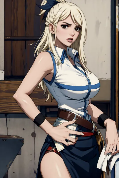 Lucy Heartfilia, blackquality hair, white skin covered in white makeup, punk clothes