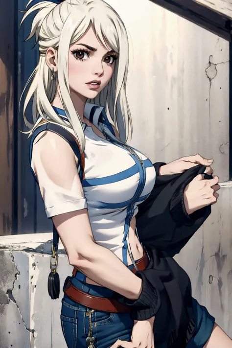 lucy heartfilia, blackquality hair, white skin covered in white makeup, punk clothes