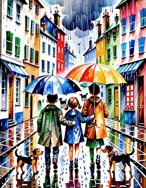 painting of two children with umbrellas and a dog in the rain, a watercolor painting by candido portinari, tumblr, cubism, on a ...