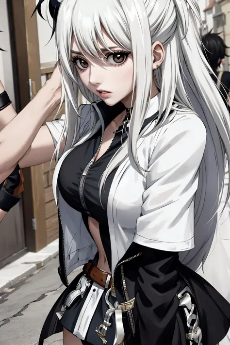 lucy heartfilia, blackquality hair, white skin covered in white makeup, punk clothes