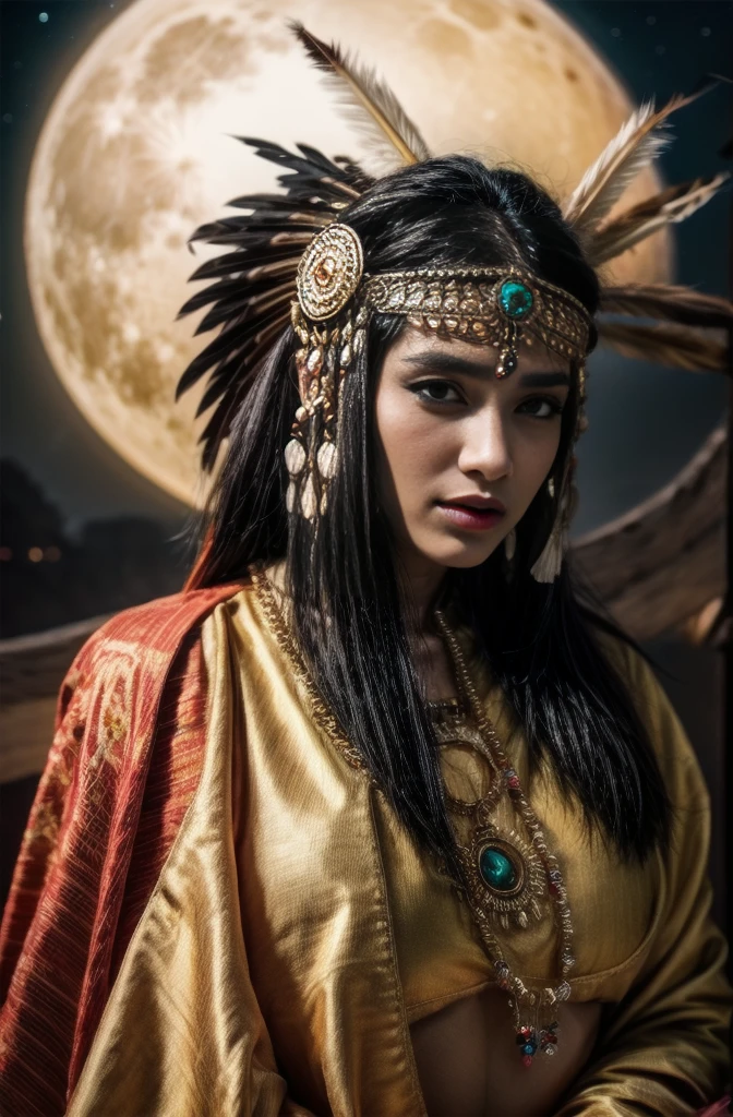 Beautiful Cherokee Indian woman with beautiful terracotta colored headdresses, blackw, doradas, cobre, Pearl, white and beige, feathers made of bright neon of various colors, flares on camera, bokeh, full moon night
