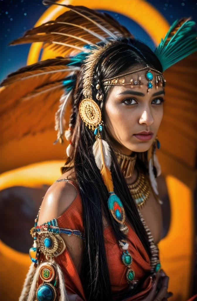 Hermosa mujer india Cherokee con hermosos tocados de color terracota, negro, doradas, cobre, perla, blanco y beige, plumas hechas de neón brillante de varios colores, flares on camera, bokeh, Noche de luna llena
