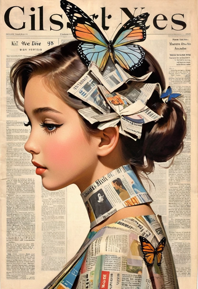 Side view girl, Solitary, Wearing a magazine cover dress, Delicate facial features and long eyelashes, A butterfly landed on her head, There were newspaper clippings all around.. Girl&#39;s face with realistic details, Bright colors，Clear focus. The overall image is a high-resolution masterpiece, Suitable for magazine cover. The art style is a mix of photography and concept art. Bright and eye-catching colors. The lighting is studio style, Soft lighting. Tips also include text and barcodes commonly found on magazine covers.