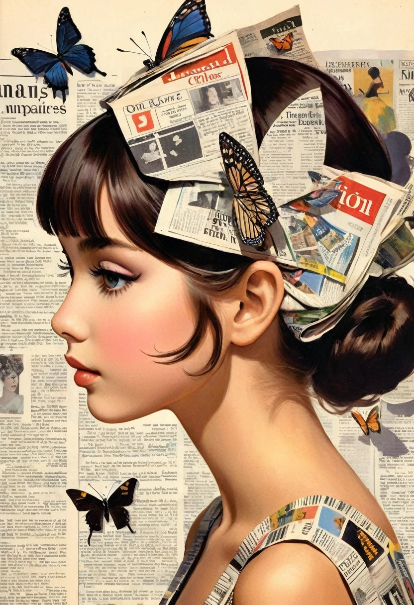 Side view girl, Solitary, Wearing a magazine cover dress, Delicate facial features and long eyelashes, A butterfly landed on her head, There were newspaper clippings all around.. Girl&#39;s face with realistic details, Bright colors，Clear focus. The overall image is a high-resolution masterpiece, Suitable for magazine cover. The art style is a mix of photography and concept art. Bright and eye-catching colors. The lighting is studio style, Soft lighting. Tips also include text and barcodes commonly found on magazine covers.