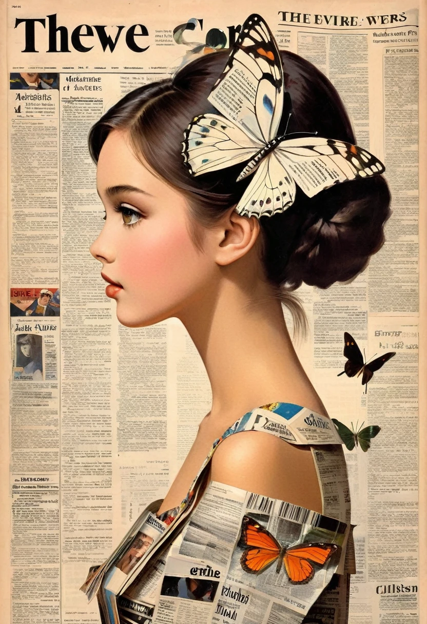 Side view girl, Solitary, Wearing a magazine cover dress, Delicate facial features and long eyelashes, A butterfly landed on her head, There were newspaper clippings all around.. Girl&#39;s face with realistic details, Bright colors，Clear focus. The overall image is a high-resolution masterpiece, Suitable for magazine cover. The art style is a mix of photography and concept art. Bright and eye-catching colors. The lighting is studio style, Soft lighting. Tips also include text and barcodes commonly found on magazine covers.