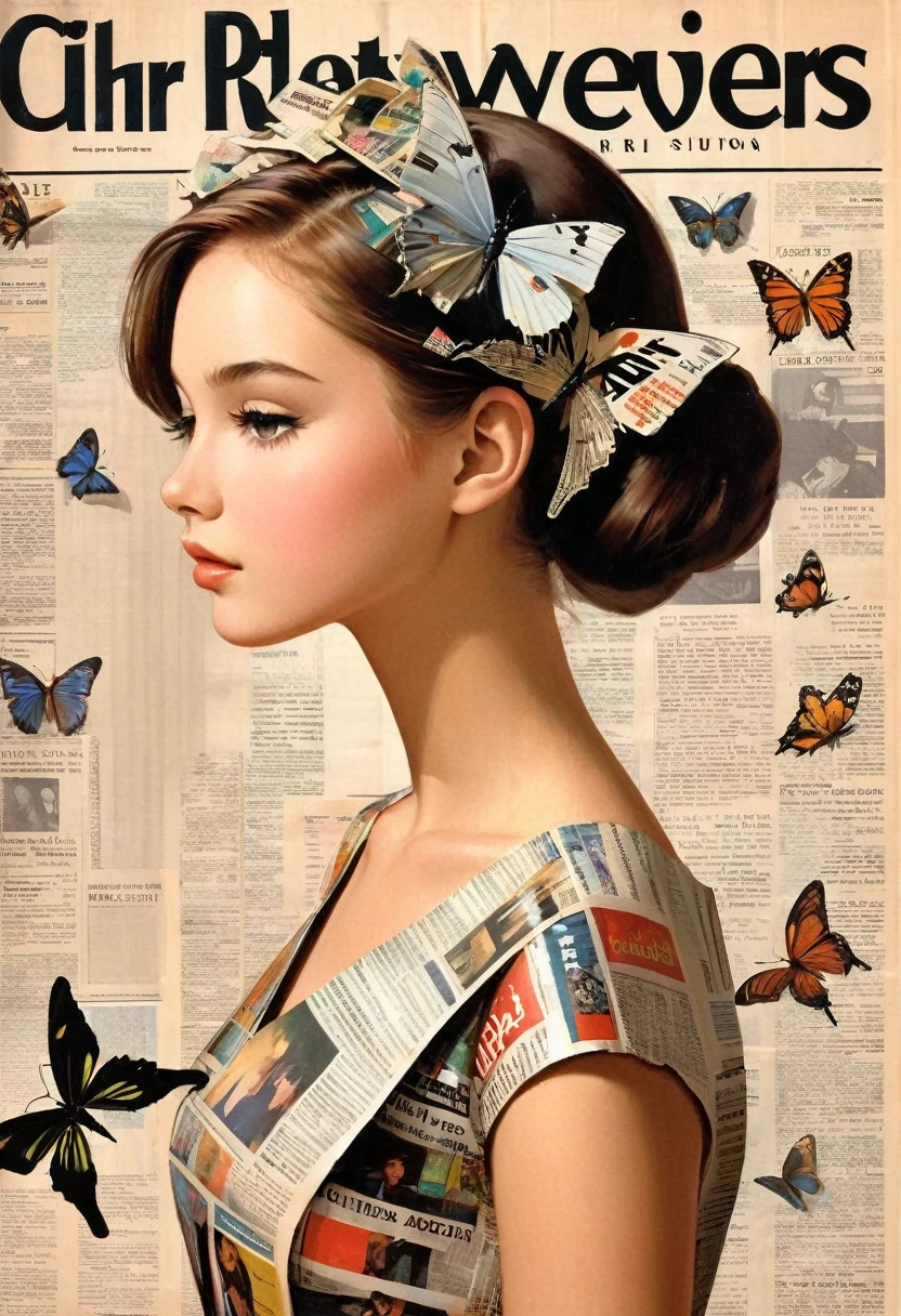 Side view girl, Solitary, Wearing a magazine cover dress, Delicate facial features and long eyelashes, A butterfly landed on her head, There were newspaper clippings all around.. Girl&#39;s face with realistic details, Bright colors，Clear focus. The overall image is a high-resolution masterpiece, Suitable for magazine cover. The art style is a mix of photography and concept art. Bright and eye-catching colors. The lighting is studio style, Soft lighting. Tips also include text and barcodes commonly found on magazine covers.