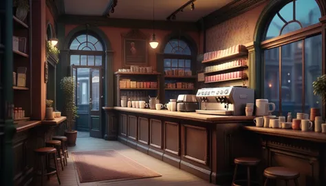 a victorian cozy night time at a coffe interior with cozy lighting and sweets in the shelves. There are coffee cups in the table...