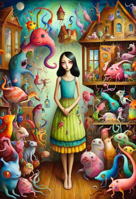 Tony Sandoval (Tony Sandoval) Style of vibrant surrealism, A beautiful girl，In a huge house，It is filled with strange and colorf...