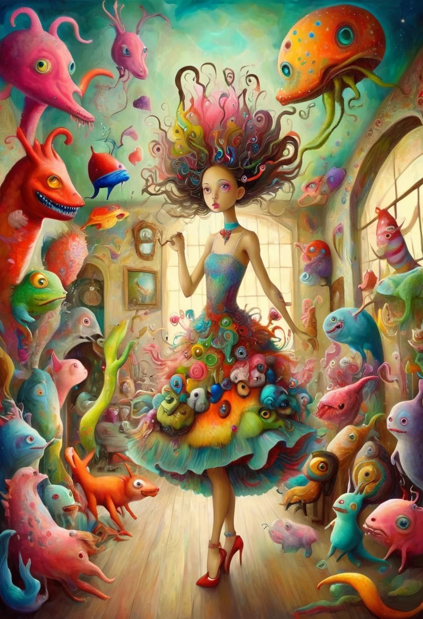 Tony Sandoval (Tony Sandoval) Style of vibrant surrealism, A beautiful girl，In a huge house，It is filled with strange and colorful creatures, Each one of them constitutes a fascinating dream.