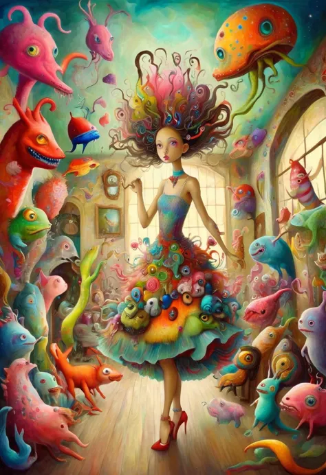 tony sandoval (tony sandoval) style of vibrant surrealism, a beautiful girl，in a huge house，it is filled with strange and colorf...