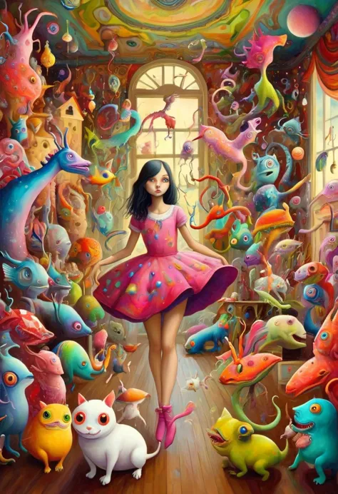 Tony Sandoval (Tony Sandoval) Style of vibrant surrealism, A beautiful girl，In a huge house，It is filled with strange and colorf...