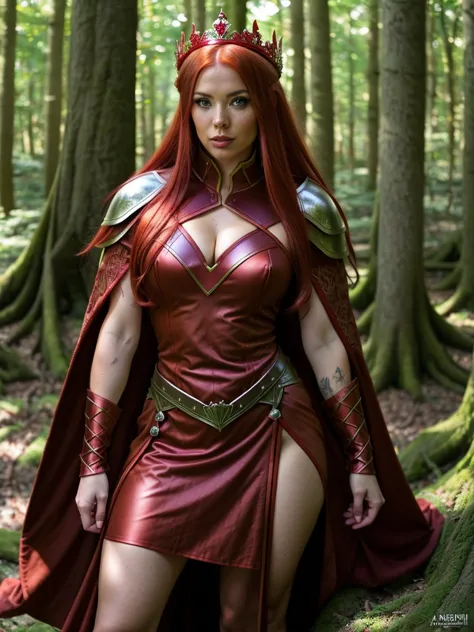 a woman in a red split off dress and a crown posing in the woods, alluring elf princess knight, redhead queen in heavy red armor...