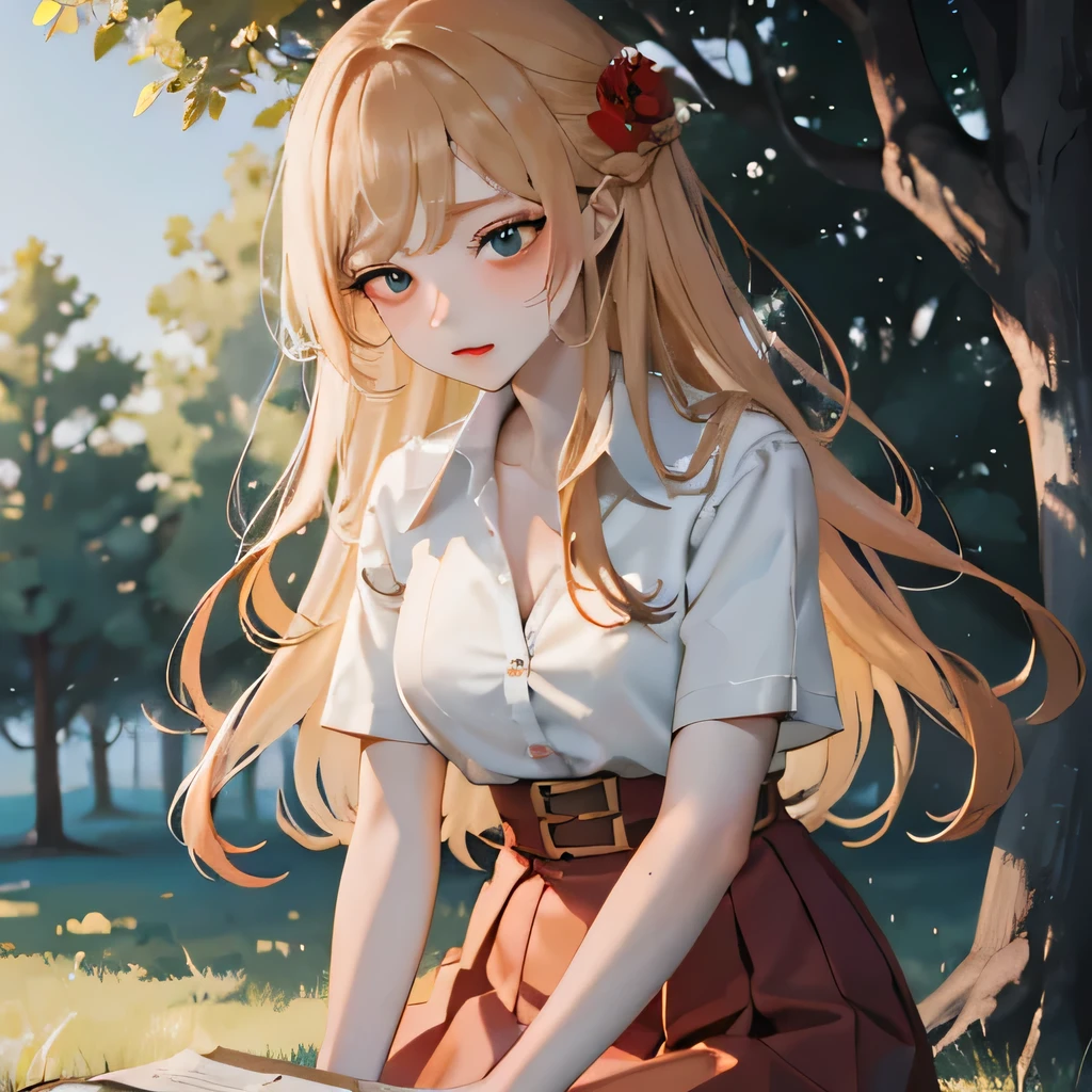 masterpiece, Highest quality, 8k wallpaper, Very detailed, A girl about 12 years old, (Golden Hair:1.1), Long Hair, fine grain、(Red Skirt)、 White dress shirt,(A single large red flower hair ornament:1.1)，Light blue eyes、Dark Taste、Tired look、desert、Standing in the shade of a tree、leaning forward、(Sweating:0.9)、(unbutton:1.2),(white lace bra:0.9),(cleavage:1.0)