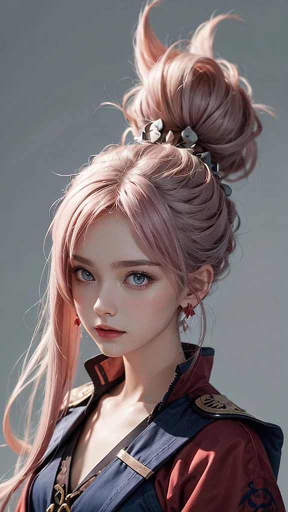 miyamoto musashi, cabello asimétrico, blue eyes, pendientes, adorno para el pelo, Cabello rosado, cola de caballo, cerraduras laterales,obra maestra anime, mejor calidad 