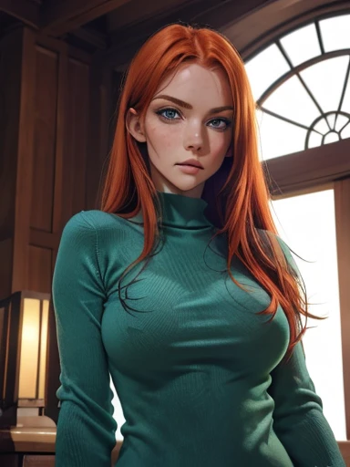 1 Irish woman, extremely beautiful and very legitimate redhead. Extremely slender, with freckles, big bright blue eyes, wearing green sweater falling down showing shoulders, symmetrical body, sensualizing, pouting with orgasmic expression, highly arousing, high quality 32k, UHD, hyper-realistic, cinematic, dynamic close-up above.