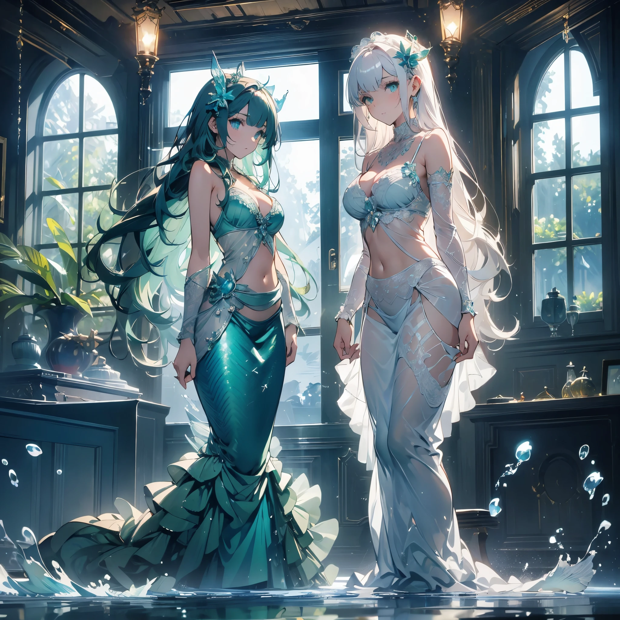 ((masterpiece, best quality)), Delicate face，green， Mermaid under the sea，Scales，whole body，Standing picture，Large Breasts，Gradient long wavy hair，Perfect body proportions，beautiful eyes，Extremely beautiful，transparent，Pure white background，Water Ripples，Sexy Lingerie，Lace