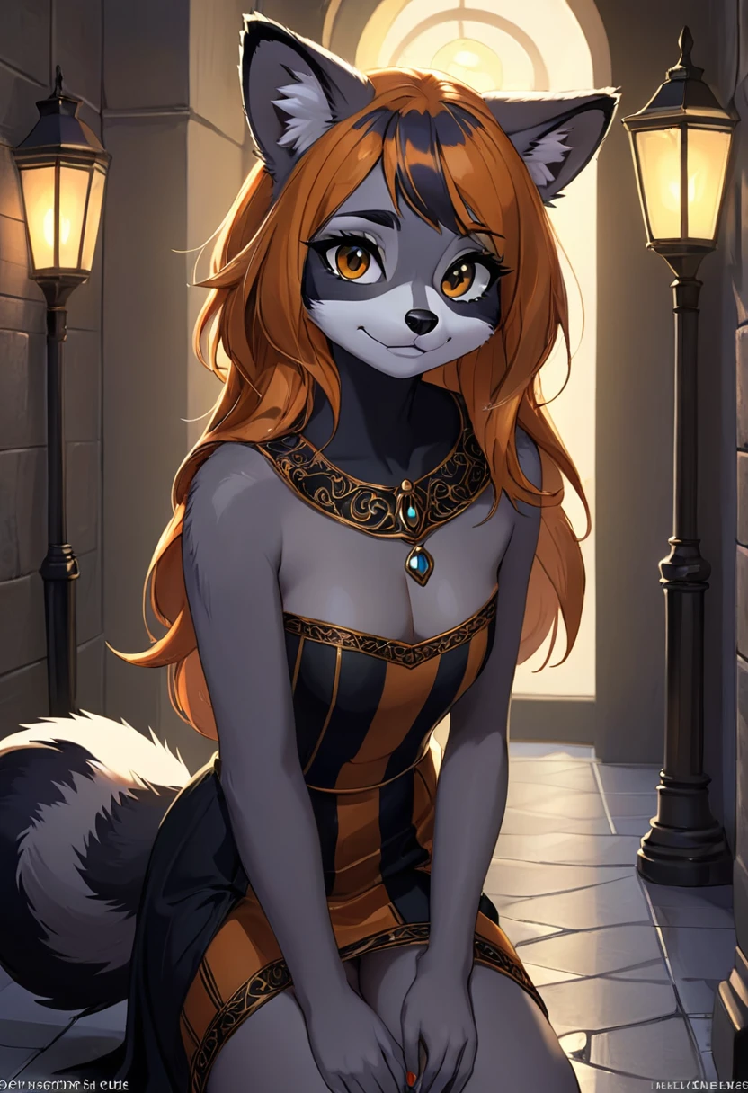 Create an realistic CGI photo of a anthropomorphic raccoon women.  Long orange and black striped hair. The photo should be of the highest quality, a masterpiece with intricate details. The raccoon women should have a female, humanoid, appearance, with a vaugly human face. She should have luscious lips, a wide smile, and bright, expressive eyes, exuding beauty, cuteness, and adorableness. Ensure the image is high resolution and sharply detailed, with a detailed and vibrant background. Incorporate mystical lighting in the background, creating a romantic and enchanting atmosphere. regal. noble.
