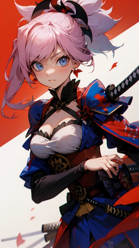 Miyamoto Musashi, cabelo assimétrico, olhos azuis, Brincos, hair ornament, cabelo rosa, rabo de cavalo, bloqueios laterais,Obra-prima do anime, melhor qualidade 