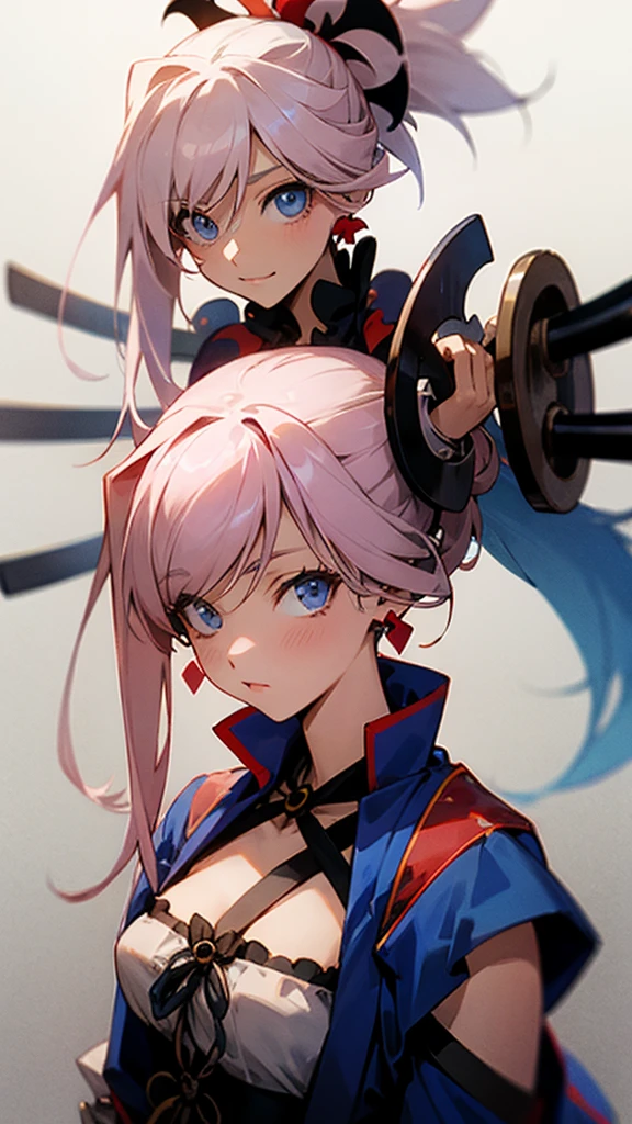 miyamoto musashi, asymmetrical hair, blue eyes, earrings, hair ornament, pink hair, ponytail, sidelocks,masterpiece anime, best quality 