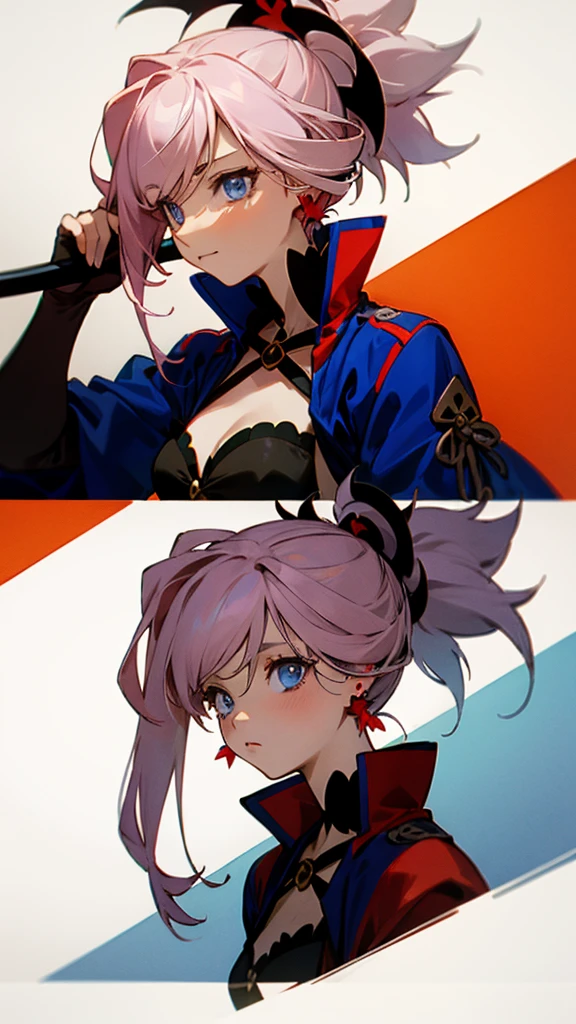 miyamoto musashi, asymmetrical hair, blue eyes, earrings, hair ornament, pink hair, ponytail, sidelocks,masterpiece anime, best quality 