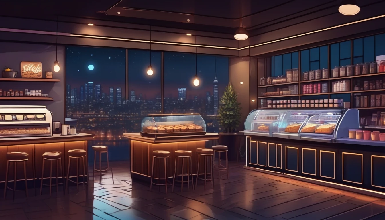 a cozy night time at a coffe interior with cozy lighting and sweets in the shelves. There are coffee cups in the tables. a cash machine and a coffee maker machine in the counter,There is a big window in the middle of the coffeeshop and the outside view is the city at night