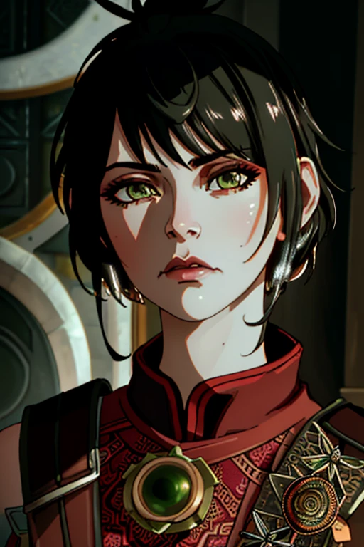 masterpiece, highest quality, RAW, analog style, A stunning portrait of a beautiful woman, dragon age, ((highly detailed skin, skin details)), sharp focus, 8k UHD, DSLR, high quality, film grain, Fujifilm XT3, frowning, intricately details, highly detailed, cluttered and detailed background