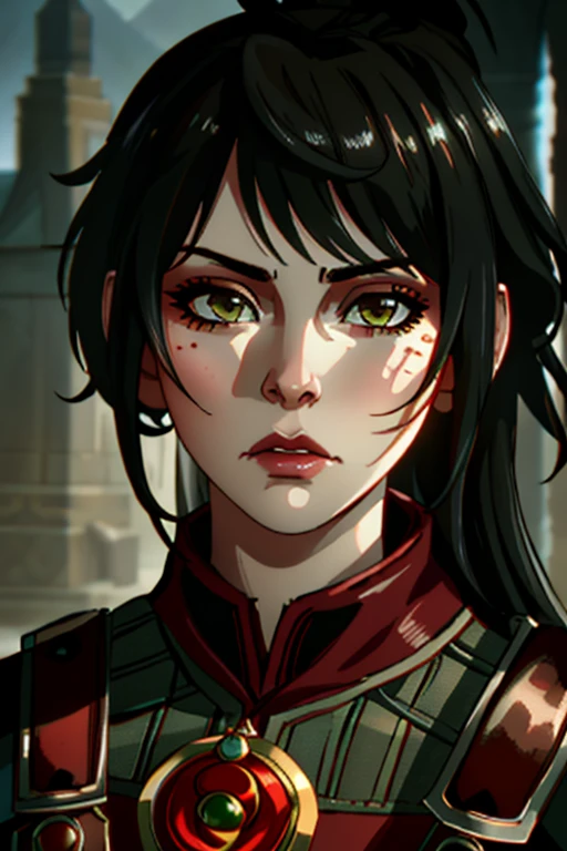 masterpiece, highest quality, RAW, analog style, A stunning portrait of a beautiful woman, dragon age, ((highly detailed skin, skin details)), sharp focus, 8k UHD, DSLR, high quality, film grain, Fujifilm XT3, frowning, intricately details, highly detailed, cluttered and detailed background