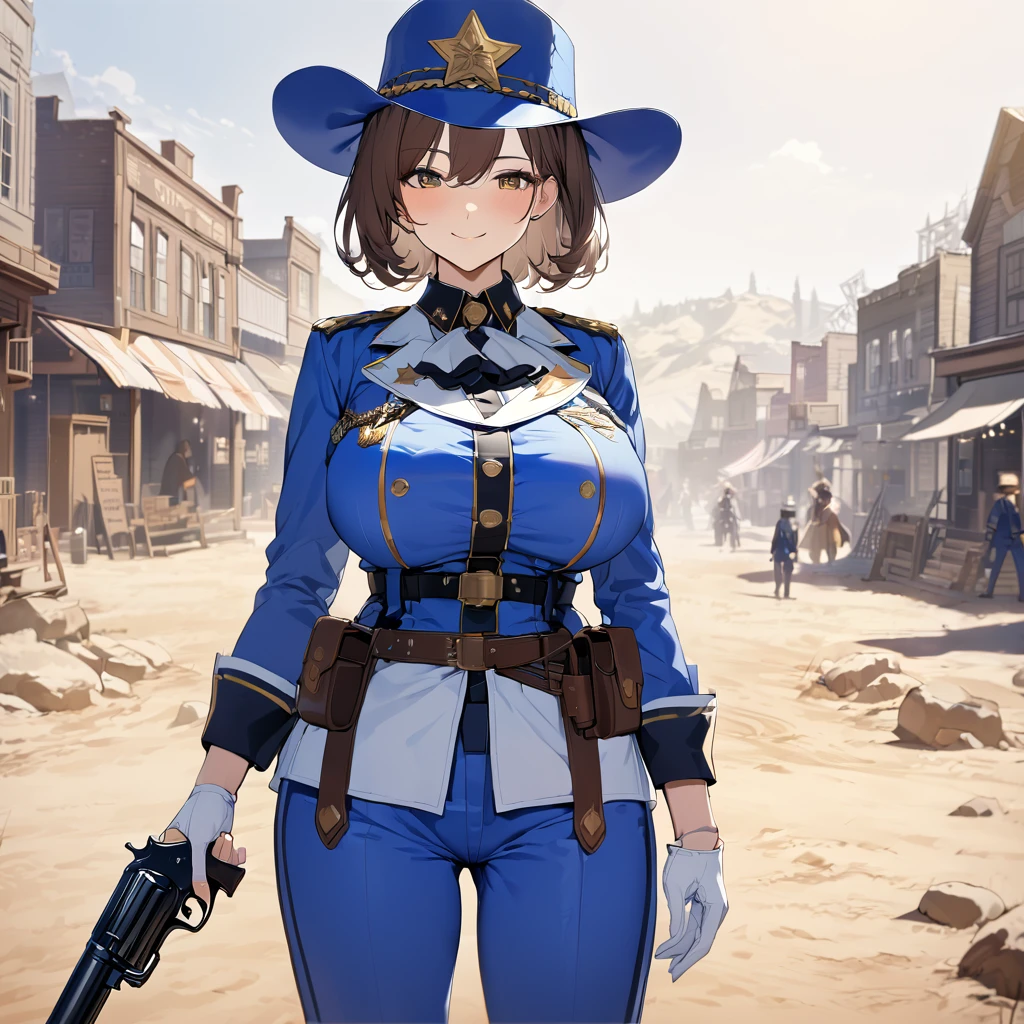 A woman wearing a blue sheriff's uniform, blue pants, blue jacket, blue cowboy boots, blue military hat, sunglasses, smiling, holding a traditional sheriff's revolver, standing on dirt ground in a western town classic, dust background, brown hair, short hair, big breasts, daytime location,UHD , prime work , accurate , anatomically correct , textured skin , super details , high quality , best quality, 8k, high resolution, bokeh effect. (woman alone),
