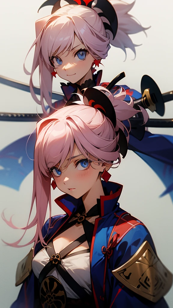 miyamoto musashi, asymmetrical hair, blue eyes, earrings, hair ornament, pink hair, ponytail, sidelocks,masterpiece anime, best quality 