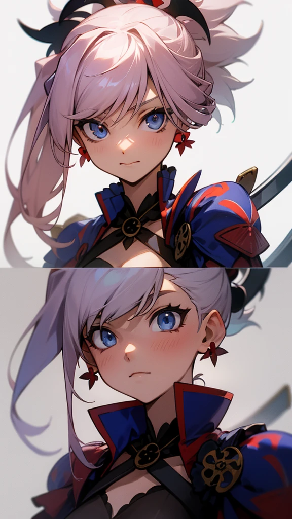 miyamoto musashi, cabello asimétrico, blue eyes, pendientes, adorno para el pelo, Cabello rosado, cola de caballo, cerraduras laterales,obra maestra anime, mejor calidad 